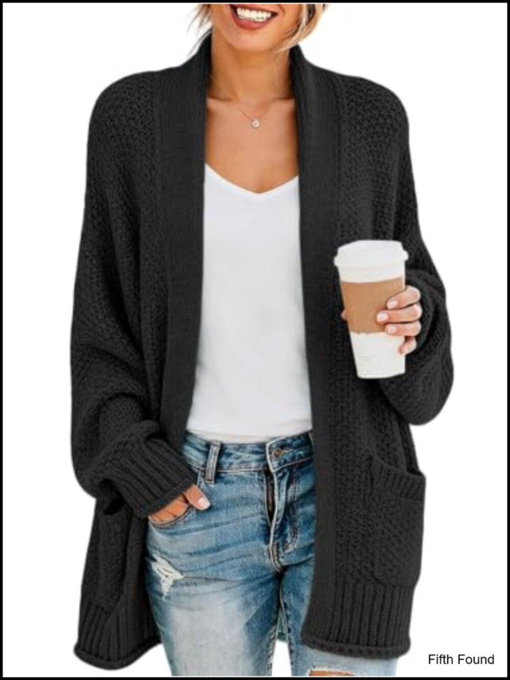 Open Front Chunky Knit Cardigan Long Sleeve Loose Fit Sweater Coat with Pockets